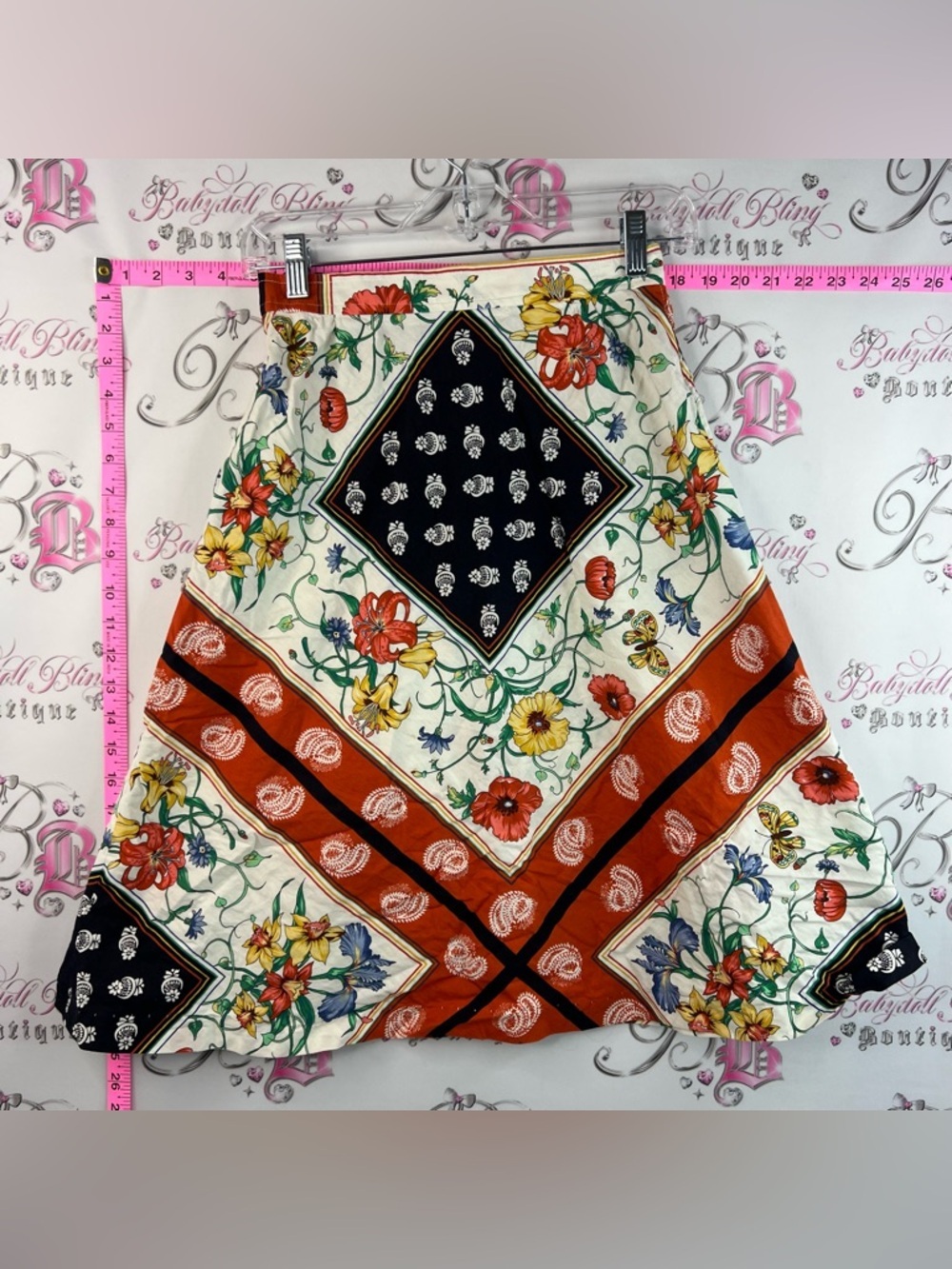 Addenda skirt vintage boho Floral Patchwork A-Line Skirt in Cream, Black & Rust
